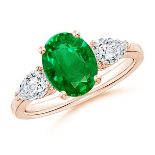 9x7mm AAAA Oval Emerald Three Stone Ring with Pear Diamonds in 9K Rose Gold