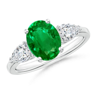 9x7mm AAAA Oval Emerald Three Stone Ring with Pear Diamonds in P950 Platinum