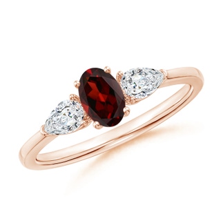 6x4mm AAA Oval Garnet Three Stone Ring with Pear Diamonds in Rose Gold