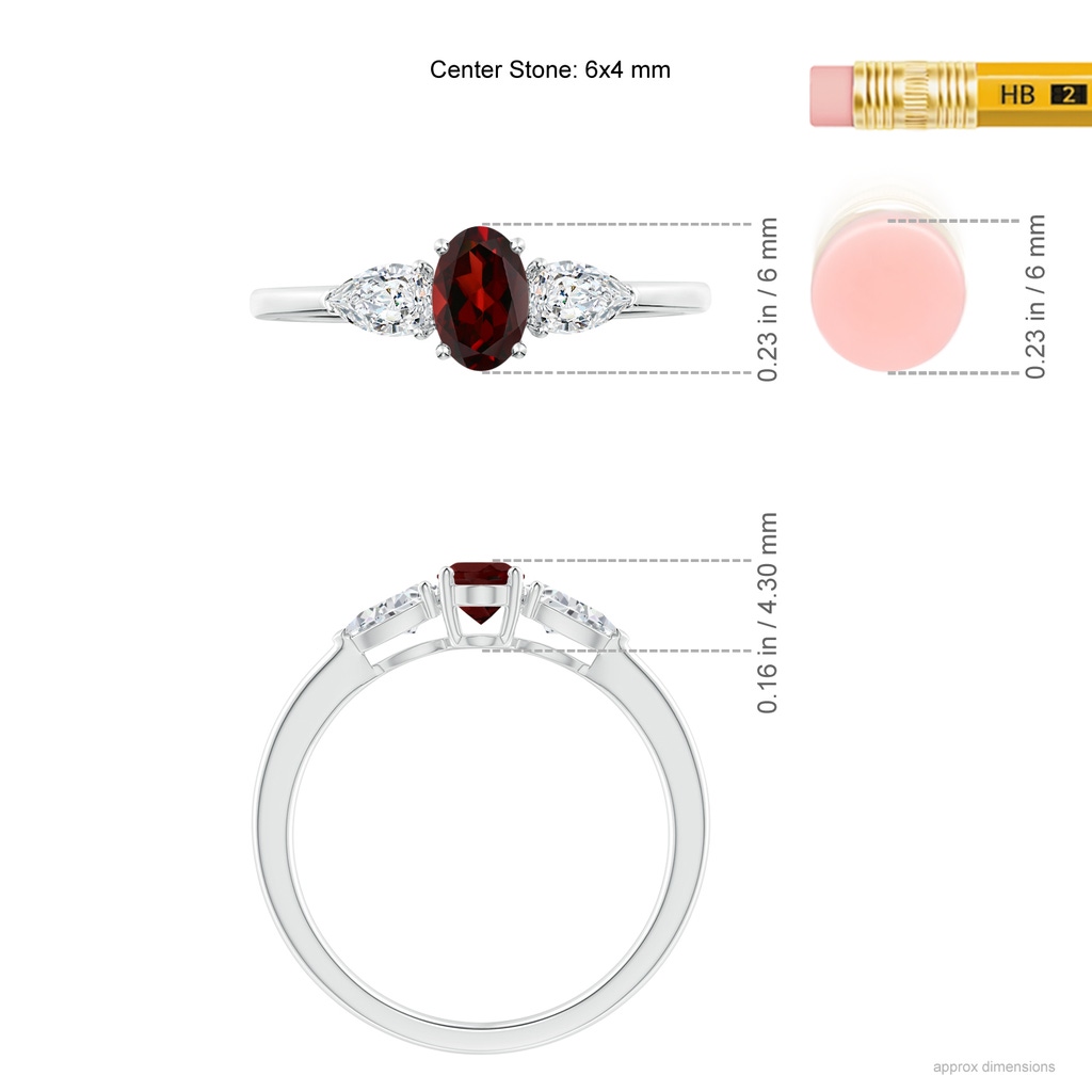 6x4mm AAA Oval Garnet Three Stone Ring with Pear Diamonds in White Gold Ruler