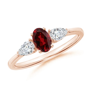 6x4mm AAAA Oval Garnet Three Stone Ring with Pear Diamonds in Rose Gold