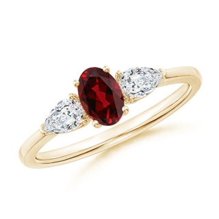 6x4mm AAAA Oval Garnet Three Stone Ring with Pear Diamonds in Yellow Gold