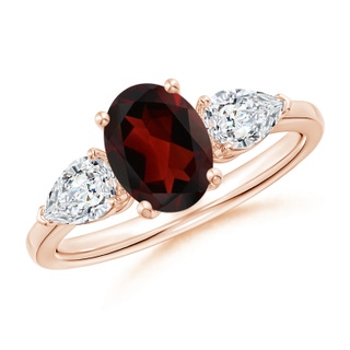 8x6mm AA Oval Garnet Three Stone Ring with Pear Diamonds in Rose Gold