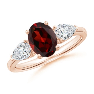 8x6mm AAA Oval Garnet Three Stone Ring with Pear Diamonds in Rose Gold