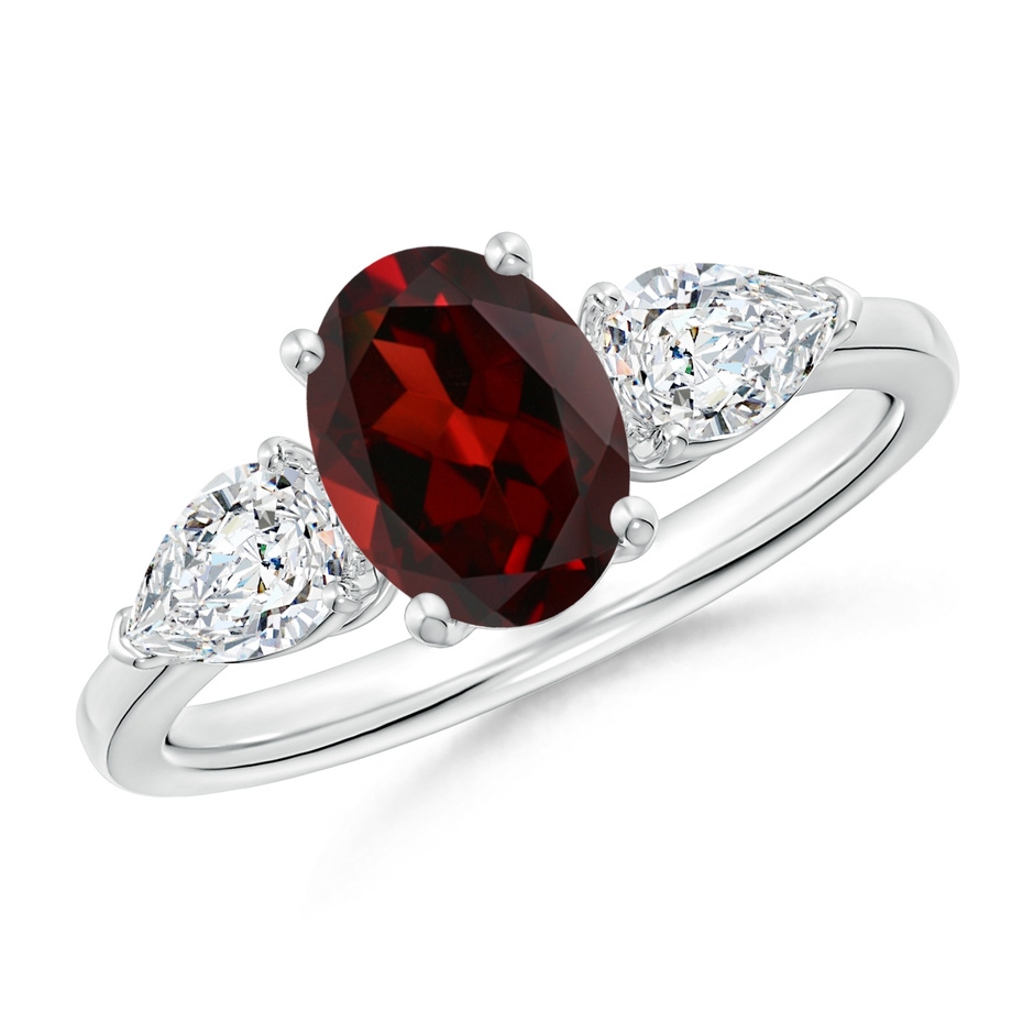 8x6mm AAA Oval Garnet Three Stone Ring with Pear Diamonds in White Gold 