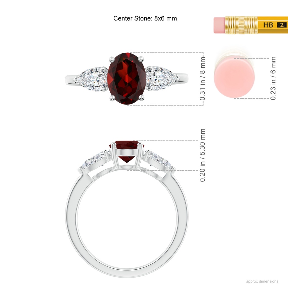 8x6mm AAA Oval Garnet Three Stone Ring with Pear Diamonds in White Gold ruler