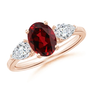 8x6mm AAAA Oval Garnet Three Stone Ring with Pear Diamonds in Rose Gold
