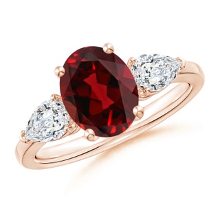 9x7mm AAAA Oval Garnet Three Stone Ring with Pear Diamonds in Rose Gold