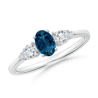 6x4mm AAAA Oval London Blue Topaz Three Stone Ring with Pear Diamonds in White Gold