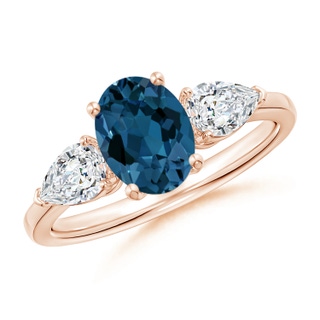 8x6mm AAA Oval London Blue Topaz Three Stone Ring with Pear Diamonds in Rose Gold