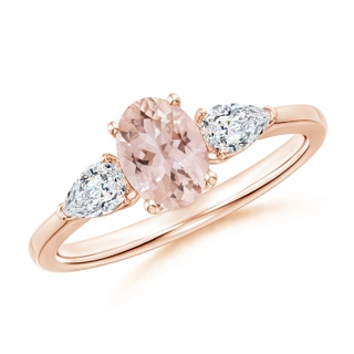 7x5mm AAA Oval Morganite Three Stone Ring with Pear Diamonds in Rose Gold