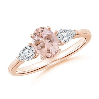 7x5mm AAAA Oval Morganite Three Stone Ring with Pear Diamonds in Rose Gold