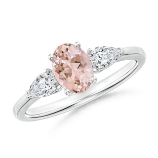 7x5mm AAAA Oval Morganite Three Stone Ring with Pear Diamonds in White Gold