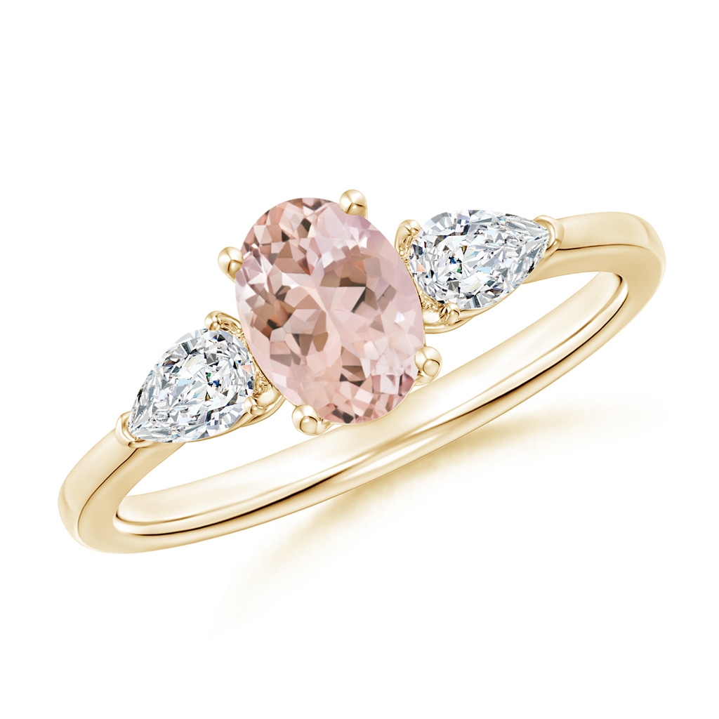 7x5mm AAAA Oval Morganite Three Stone Ring with Pear Diamonds in Yellow Gold