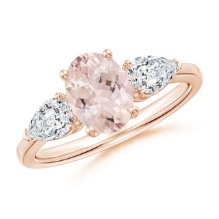 8x6mm AA Oval Morganite Three Stone Ring with Pear Diamonds in Rose Gold