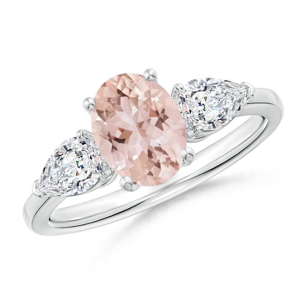 8x6mm AAA Oval Morganite Three Stone Ring with Pear Diamonds in White Gold