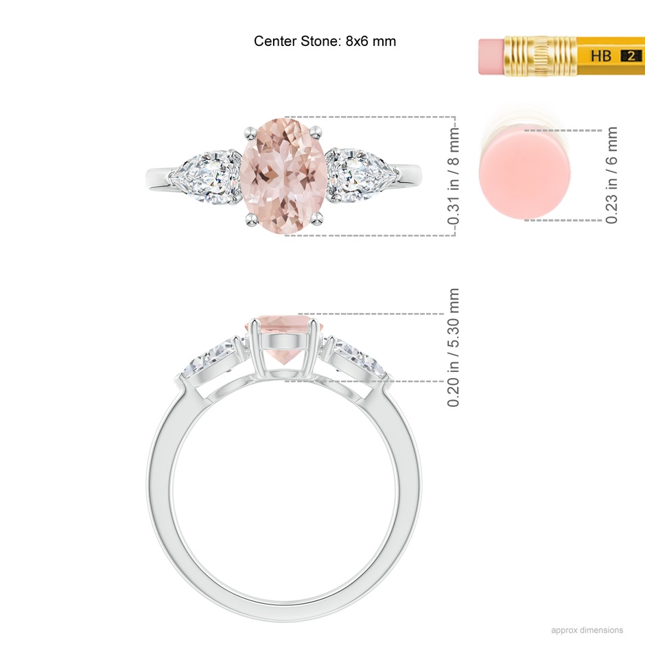 8x6mm AAA Oval Morganite Three Stone Ring with Pear Diamonds in White Gold ruler