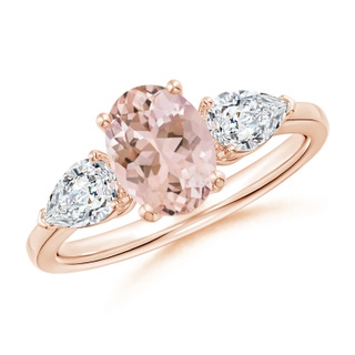 8x6mm AAAA Oval Morganite Three Stone Ring with Pear Diamonds in Rose Gold