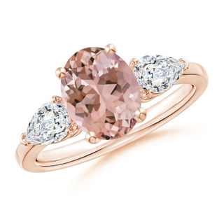 9x7mm AAAA Oval Morganite Three Stone Ring with Pear Diamonds in Rose Gold