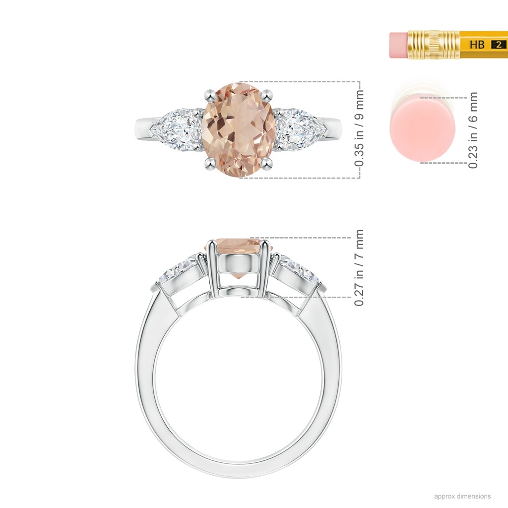 9.01x7.04x4.21mm AA GIA Certified Oval Morganite Three Stone Ring with Pear Diamonds in White Gold ruler