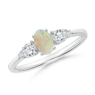 6x4mm AAA Oval Opal Three Stone Ring with Pear Diamonds in White Gold