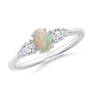 6x4mm AAAA Oval Opal Three Stone Ring with Pear Diamonds in White Gold