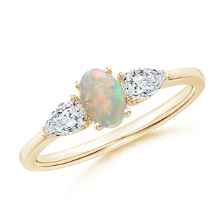 6x4mm AAAA Oval Opal Three Stone Ring with Pear Diamonds in Yellow Gold