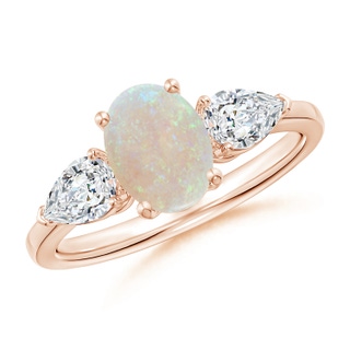 8x6mm AA Oval Opal Three Stone Ring with Pear Diamonds in Rose Gold