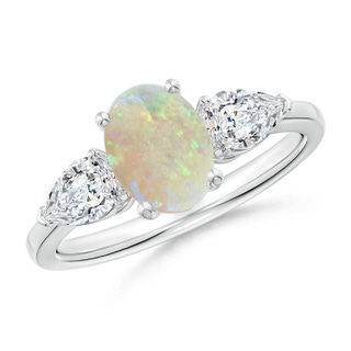 8x6mm AAA Oval Opal Three Stone Ring with Pear Diamonds in P950 Platinum