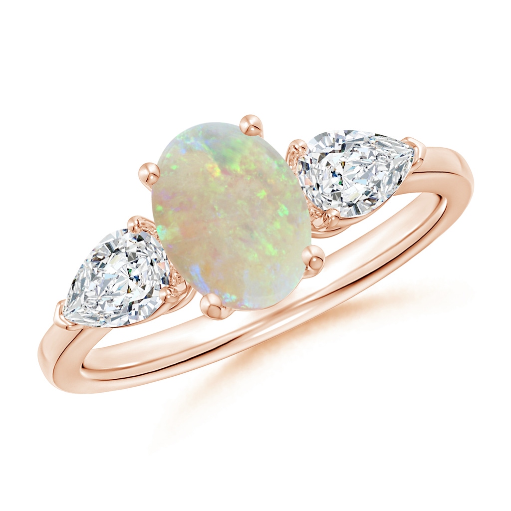 8x6mm AAA Oval Opal Three Stone Ring with Pear Diamonds in Rose Gold