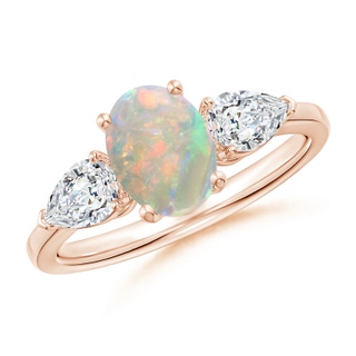 8x6mm AAAA Oval Opal Three Stone Ring with Pear Diamonds in 9K Rose Gold