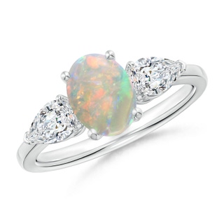 8x6mm AAAA Oval Opal Three Stone Ring with Pear Diamonds in P950 Platinum