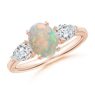 8x6mm AAAA Oval Opal Three Stone Ring with Pear Diamonds in Rose Gold