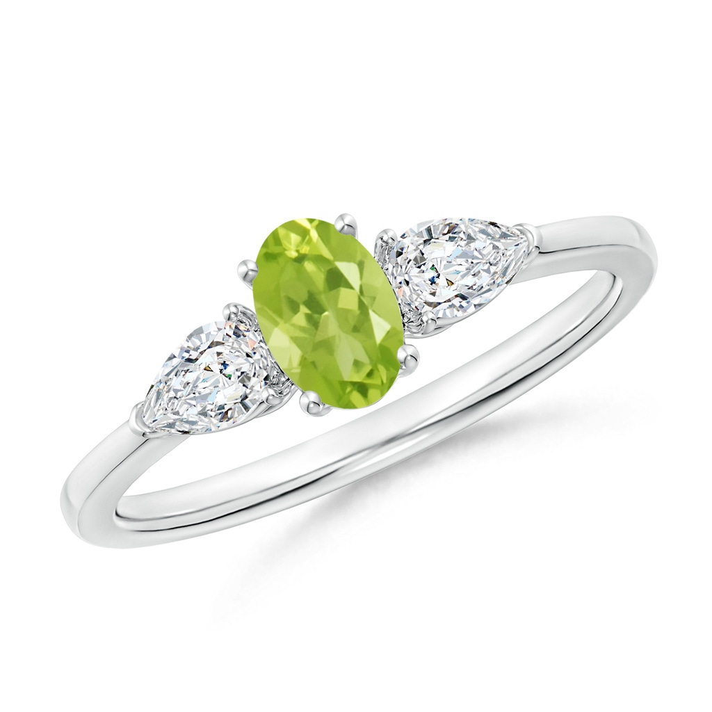 6x4mm AA Oval Peridot Three Stone Ring with Pear Diamonds in White Gold