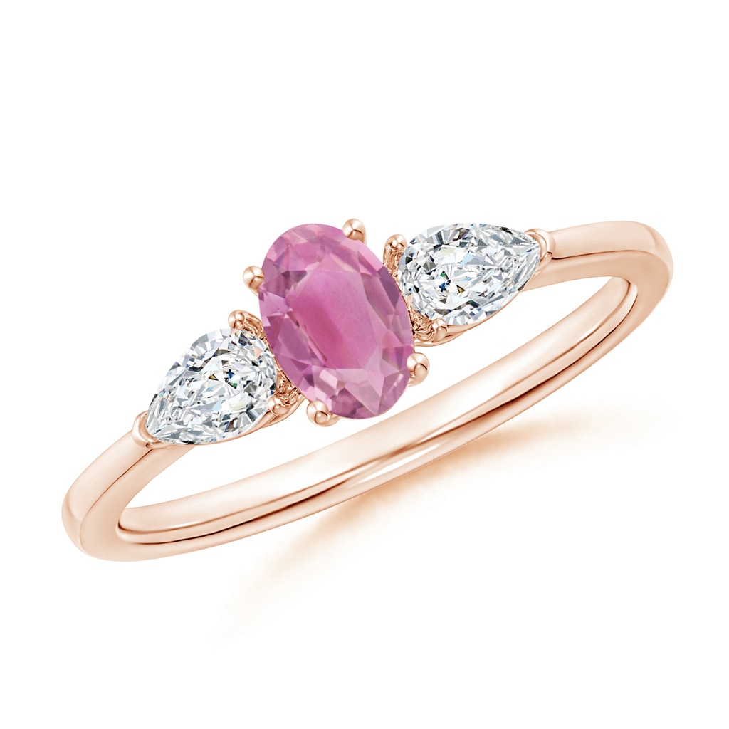 6x4mm AA Oval Pink Tourmaline Three Stone Ring with Pear Diamonds in Rose Gold