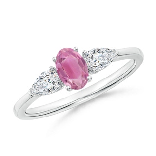 6x4mm AA Oval Pink Tourmaline Three Stone Ring with Pear Diamonds in White Gold