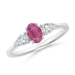 6x4mm AAA Oval Pink Tourmaline Three Stone Ring with Pear Diamonds in White Gold