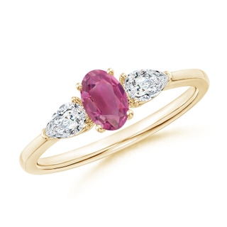 6x4mm AAA Oval Pink Tourmaline Three Stone Ring with Pear Diamonds in Yellow Gold