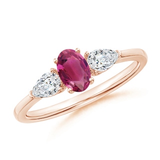 6x4mm AAAA Oval Pink Tourmaline Three Stone Ring with Pear Diamonds in Rose Gold
