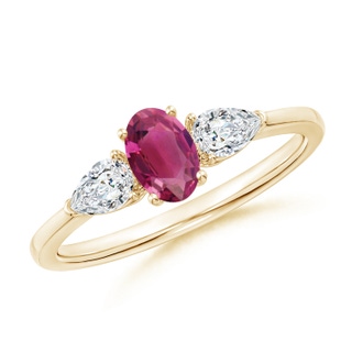 6x4mm AAAA Oval Pink Tourmaline Three Stone Ring with Pear Diamonds in Yellow Gold