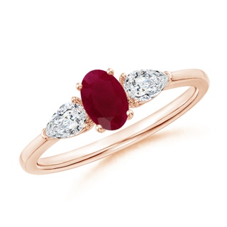 6x4mm A Oval Ruby Three Stone Ring with Pear Diamonds in 9K Rose Gold