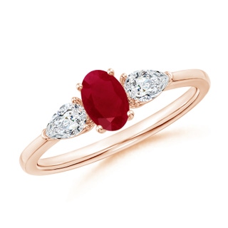 6x4mm AA Oval Ruby Three Stone Ring with Pear Diamonds in 9K Rose Gold