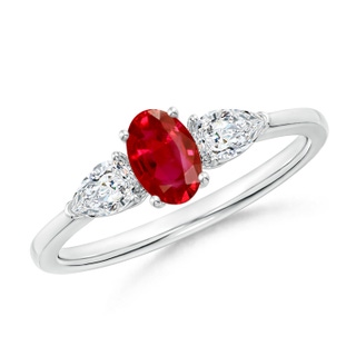 6x4mm AAA Oval Ruby Three Stone Ring with Pear Diamonds in 9K White Gold