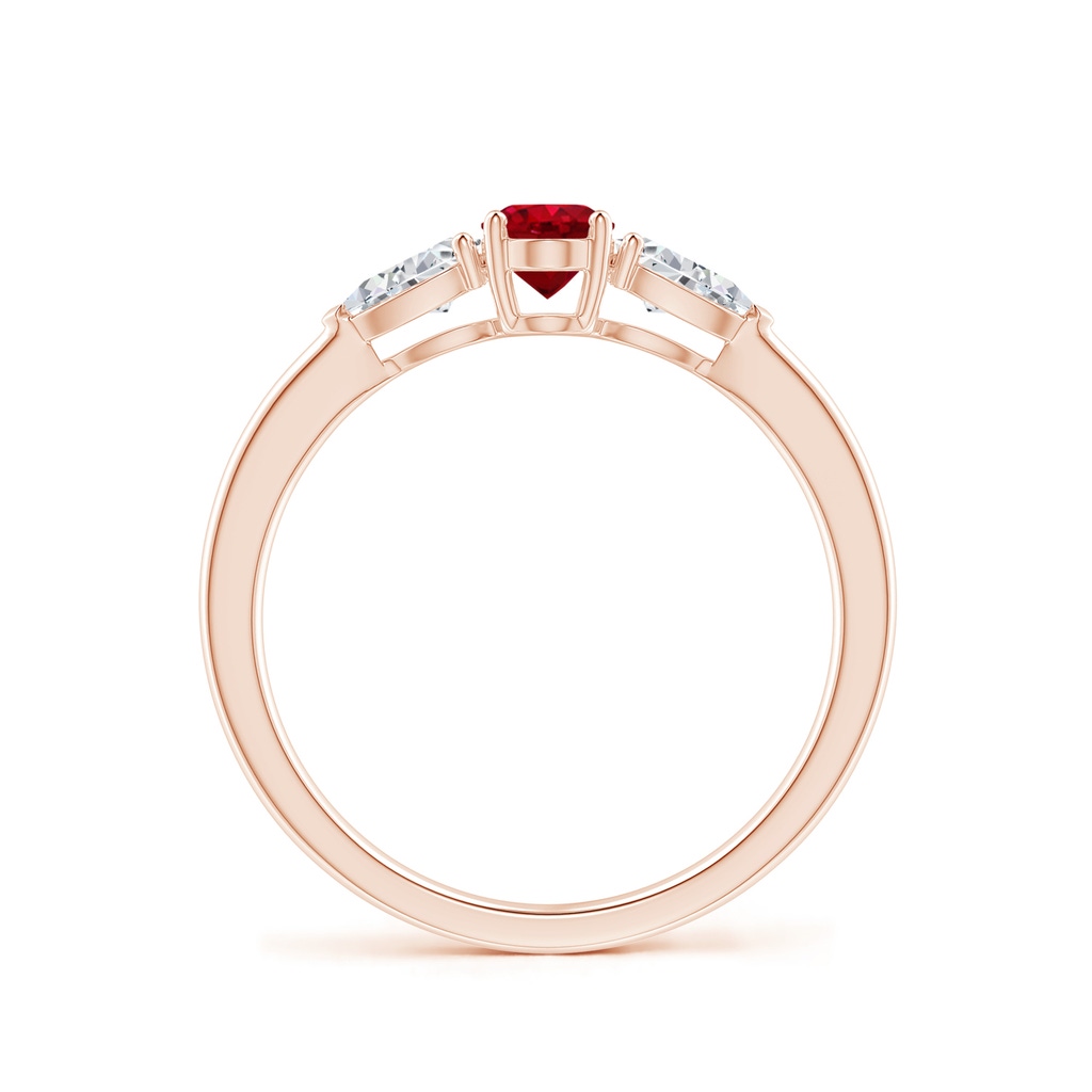 6x4mm AAA Oval Ruby Three Stone Ring with Pear Diamonds in Rose Gold Side-1