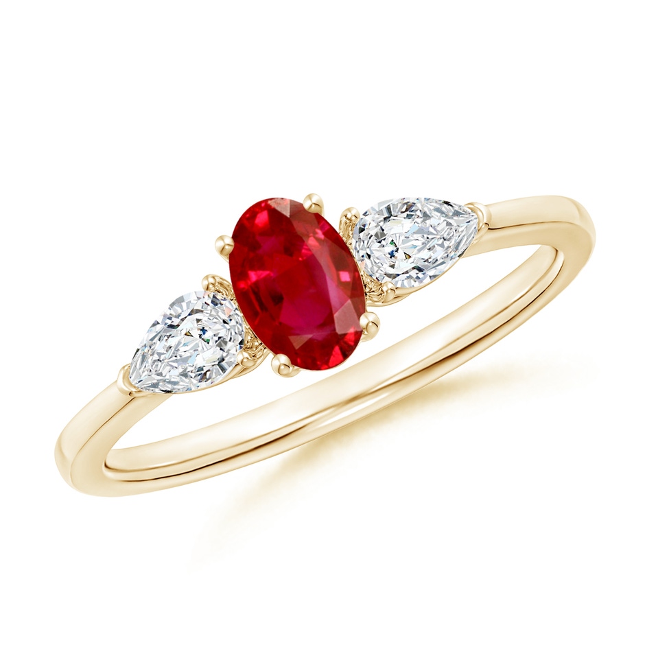 6x4mm AAA Oval Ruby Three Stone Ring with Pear Diamonds in Yellow Gold 