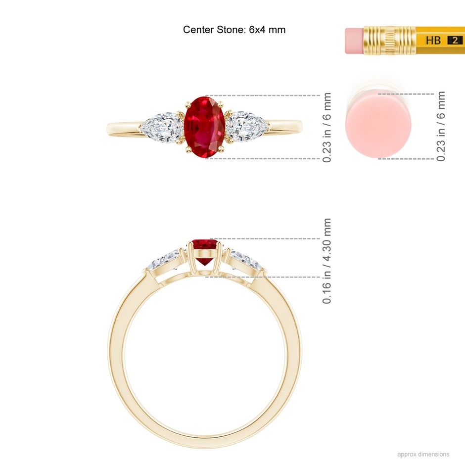 6x4mm AAA Oval Ruby Three Stone Ring with Pear Diamonds in Yellow Gold ruler