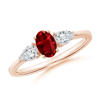 6x4mm AAAA Oval Ruby Three Stone Ring with Pear Diamonds in 9K Rose Gold