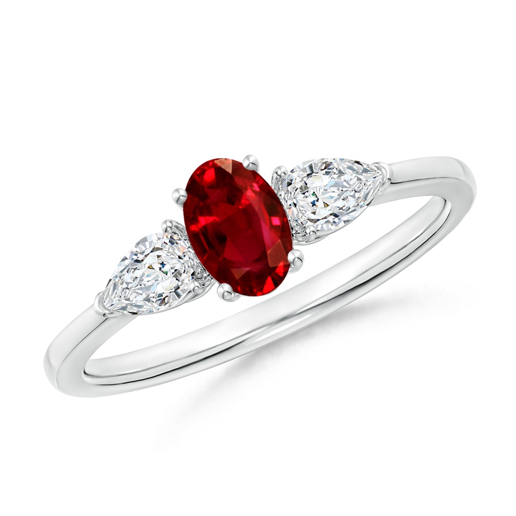 6x4mm AAAA Oval Ruby Three Stone Ring with Pear Diamonds in P950 Platinum
