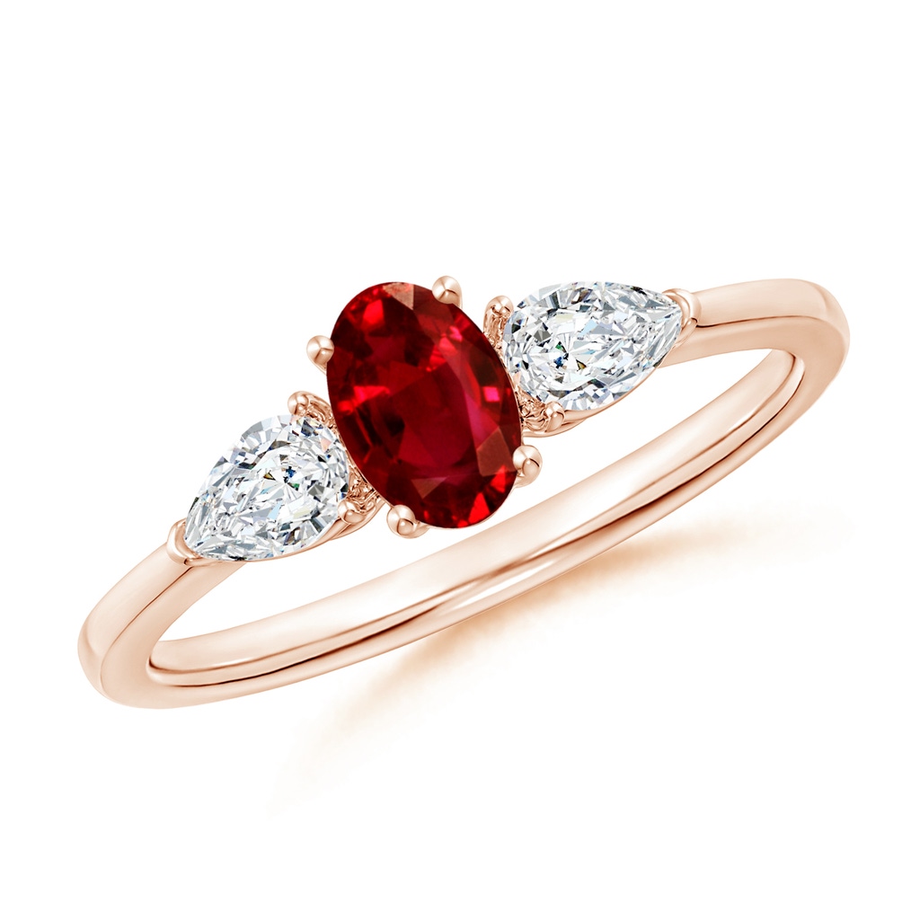 6x4mm AAAA Oval Ruby Three Stone Ring with Pear Diamonds in Rose Gold