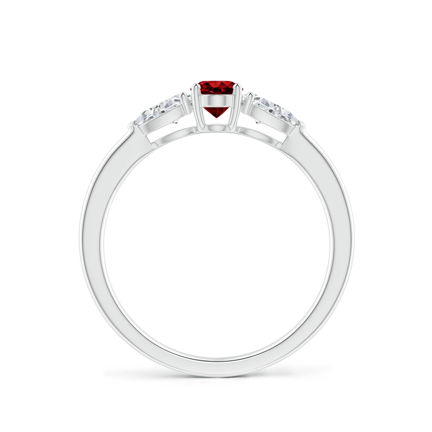 6x4mm AAAA Oval Ruby Three Stone Ring with Pear Diamonds in White Gold